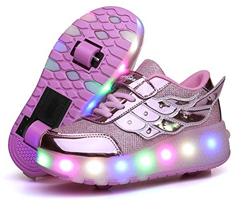 Unisex flickor pojkar skridskor, LED-skor med hjul, USB-uppladdningsbar enkel dubbel runda, automatisk skateboard för utomhussportskor, Rosa 1 586 dubbel, 36 EU