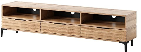 Selsey RIKKE - TV-Lowboard / TV-Tisch mit 3 offenen Fächern, Klappen und Metallfüßen, 160 cm breit (Wotan Eiche Matt mit LED)