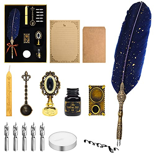 Anglekai Quill Pen and Ink Set, Calligraphy Feather Pen Set with Wax Seal Stamp, Ink, Replacement Nibs, Spoon, Envelope Letter Paper, White Wax, Antique Quills (Blue)