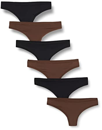 Amazon Essentials Lot de 6 sous-vêtements en Microfibre pour Femme (Hipster et String, Grande Taille) - Noir/Noisette Riche - Taille 10