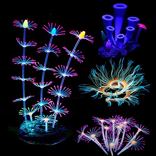 Cayway 4 Stück Aquarium Pflanzen, künstlich Glühen mit Simulation Silikonkoralle
