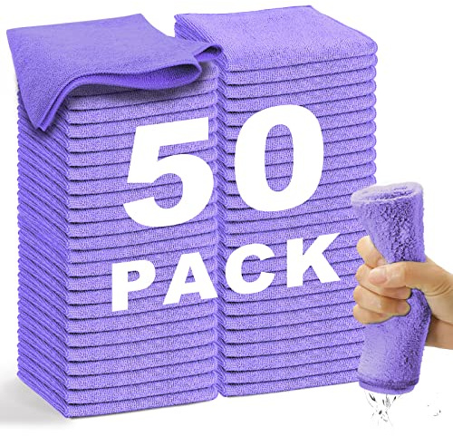 WEAWE 50 Panni Microfibra per la Pulizia (30,5 x 30,5 cm), Panno Microfibra morbidi, assorbenti, riutilizzabili e privi di Pelucchi per la Pulizia di Case, Auto, Ristoranti e Finestre (Viola)