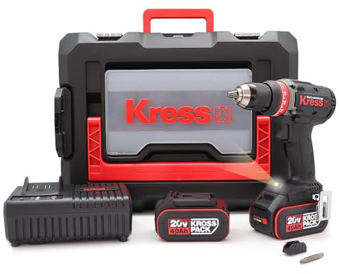 Kress 20V Akkubohrschrauber mit Akku 65Nm, 2x4.0Ah, Ladegerät 6A, zum Bohren in Holz, Metall, Kunststoffen, Stapelbox