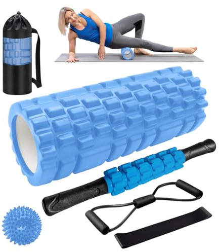 Rullo Massaggio Muscolare, Qveetry 6 in 1 Foam Roller Rullo in Schiuma Pallina Massaggiante Bastone Massaggio bande di resistenza per Stretching Yoga Pilates Rilascio Miofasciale (Blu)