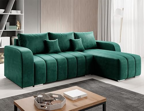 Velvet Ecksofa in L-Form 245 x 86 x 147 cm mit Schlaffunktion und Bettzeugbehälter - Schlafsofa mit Bettkasten - Eckcouch mit Stauraum - Rechts Couch Velours - Farbe: Flaschengrün MO37