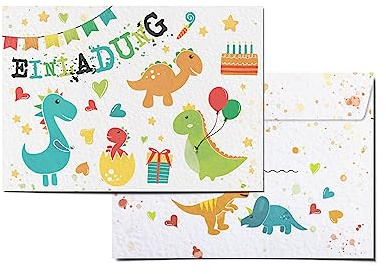 TypeStoff 12 x Einladungskarte DIN A6 zum Kindergeburtstag, inklusive 12 dazu passenden Kuverts, Motiv Dino, Dinosaurier - EL-01335