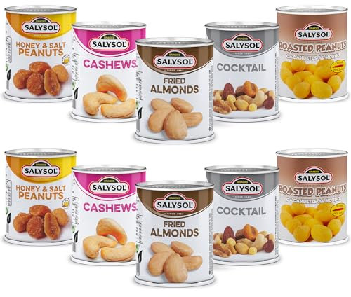 SALYSOL Snacks Nuts Bundle Variety 10-Pack 50g - Fried Almonds, Cashews, Roasted Peanuts, Spicy Cocktail, Honey & Salt Peanuts - Thoughtful Gift Sets for Men and Women in Beautiful Gift Box
