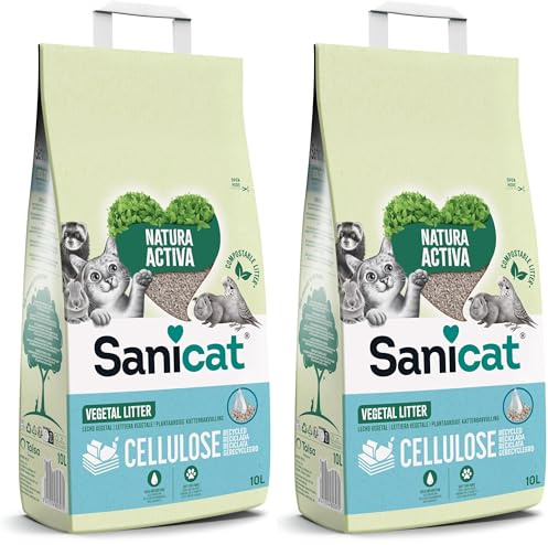 Sanicat - Lecho Absorbente multipet de celulosa reciclada | Absorción Superior y Control de olores | Producto ecológico y Biodegradable | 10L de Capacidad (Paquete de 2)