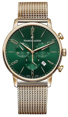 MAURICE LACROIX Eliros Chronograph Green Damen-Armbanduhr Analog Quarz mit goldfarbenem Milanaise-Edelstahlband EL1098-PVP06-620-1