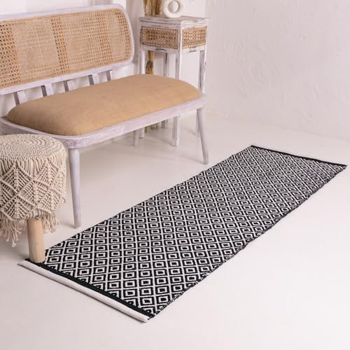 RAJRANG Tapis de Couloir Noir et Blanc 2 x 6 Pieds Boho réversible Coton géométrique tissé Tapis Cuisine entrée Couloir Tapis