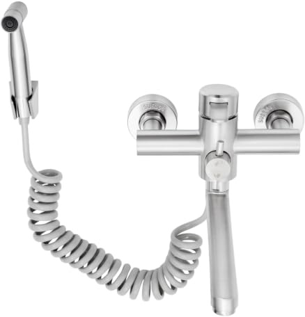 Küchenarmatur Wandmontage Wandmischbatterie, Küchenarmatur mit Spritzpistole und 3 Wasserstrahlarten Küchenarmatur, Duale Temperaturregelung, 360° drehbar, Edelstahl Gebürstet, Silber