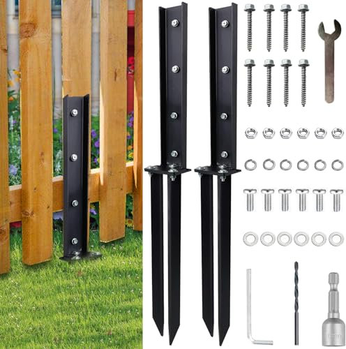 2 Pack Heavy Duty Steel Fence Repair Kit - Post Anchor Ground Spike for Repairing Tilted Broken Wooden Fence Posts, Black