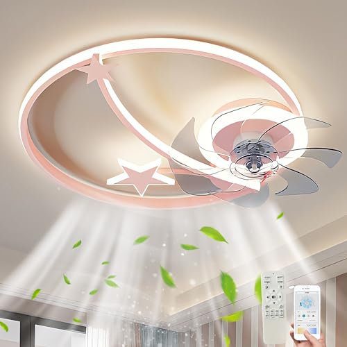 Leise Deckenventilator mit Beleuchtung LED Kinder Deckenleuchte mit Ventilator und Fernbedienung APP Dimmbarer Fan Deckenlampe Stern-Mond Design Kinderlampe für Mädchen Babyzimmer Schlafzimmer Deko