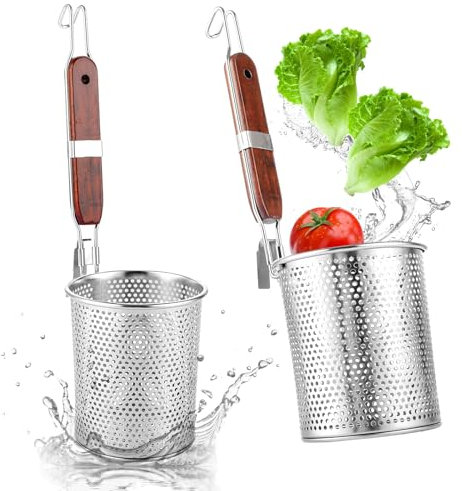 APACALI Juego de 2 cestas de pasta de acero inoxidable de 12 cm, colador de pasta microperforado con mango de madera, cesta de pasta, colador de pasta, colador fino, para el hogar