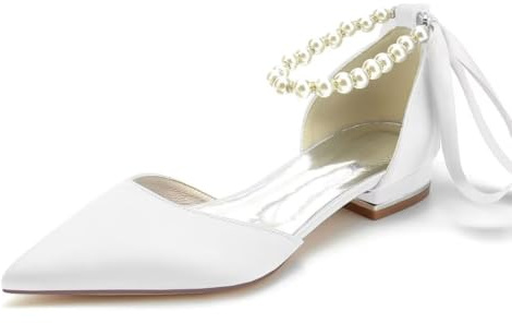 JOEupin Zapatos planos de satén con punta puntiaguda para boda, con perlas para novia, graduación, noche, fiesta, zapatos planos, blanco, 6 US