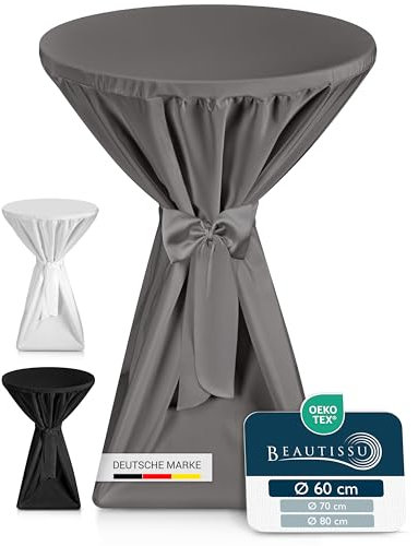 Beautissu Premium Stehtischhusse Blickdicht Anthrazit Ø 60-65 cm – rutschfest Bügelfrei & 40°C Waschbar Stehtischüberzug mit Schleifenband – Husse für Stehtisch Bistrotisch Bartisch Gastronomie