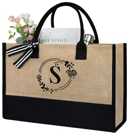 Fiorky Jute Shopper Bag Frauen, Jutetasche mit Initial, Jute Tote Bag personalisiert Tragetasche und Kosmetiktasche Geschenk for Brautjungfer Freund Mama zum Geburtstage, Muttertag, Hochzeit