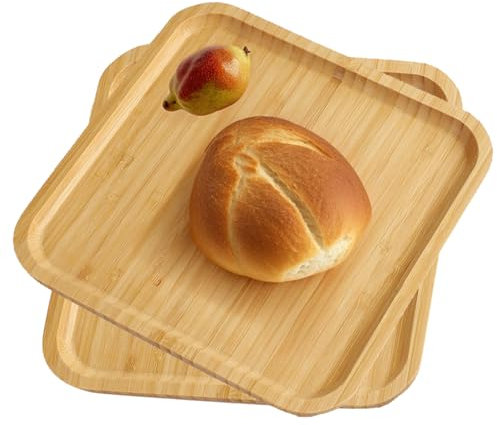 volumoon Vassoio in Legno di Bambù Naturale, 2 Pezzi Piatto da Portata Quadrato da 20 cm, Vassoio Colazione Piccolo per Pane, Vassoio in Legno da Cucina per Sottobicchiere, Tè, Caffè (20×20×1.5 cm)