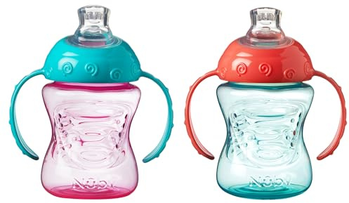 Nuby Grip N Sip Träningsmugg med handtag, stänksäker, mjuk pip, 240 ml, lämplig för från 4 månader (2-pack, rosa/orange)