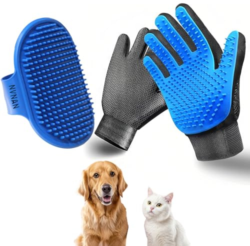 NVNAN Cat & Dog Grooming Gloves - Dog Shampoo Brush & Deshedding Brush for Shedding, Gentle Pet Hair Remover & Massage Gloves for Cats, Dogs, All Fur Types (1 Brush +1 Pair Gloves)