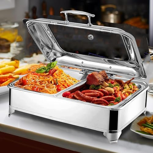 Chafing Dish Elektrisch, 9L Edelstahl Warmhaltebehälter für Essen, Kommerziell Speisewärmer mit Sichtbarem Glasdeckel, Buffetwärmer - Einstellbare Temperatur (0-85℃)(Size:GN1/2)