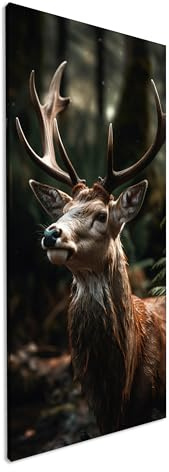 Majestöser Hirsch im Wald, sein Geweih erhaben im Dämmerlicht Panorama 120x60cm XXL Kunstdruck Motiv auf Holzrahmen/Leinwandbild/Wandbild/Wohnzimmer Dekoration