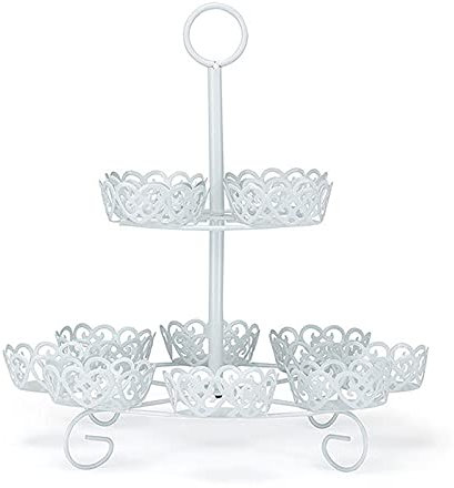 Alzata in metallo bianco a 2 ripiani per torte di compleanno, festa di nozze, supporto per cupcake con piatti, elegante espositore per secondo piano