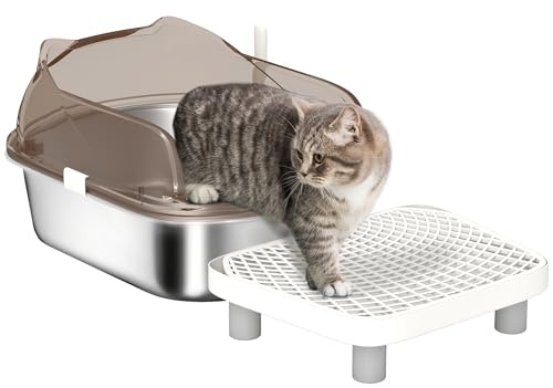 PawHut Stainless Steel Litter Box with Lid High Wall Sided Enclosure | Metal Cat Litter Tray, Pedal, Scoop, Non-Sticky, Anti-Leakage, Easy Cleaning