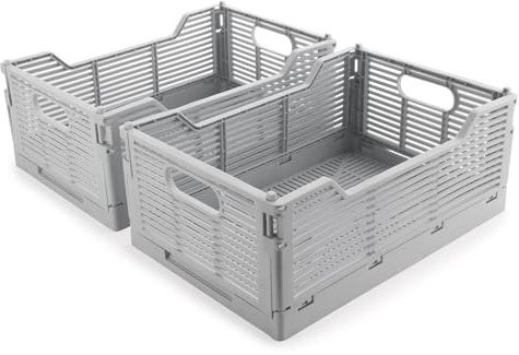 Vivikivi 2-pack hopfällbara förvaringslådor, hopfällbara plastlådor för förvaring, stapelbara, platsbesparande hopfällbara korgar för hem, klassrum, kontor, kök, sovrum (40 x 30 x 15,5 cm, grå)