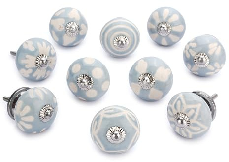 Ajuny Pomelli Ceramica Colorati Dipinti a Mano, Vintage Mobili Cucina/Bagno, Cassetti Armadio Porte, Maniglie Decorative Lucida Grigio Bianco, Set 10