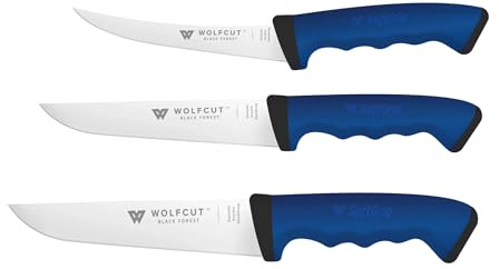 Wolfcut SoftGrip BLUE-Serie - Metzgermesser-Set 3-tlg.. - Ausbeinmesser 15 cm, Stechmesser 17 cm, Fleischermesser 19 cm