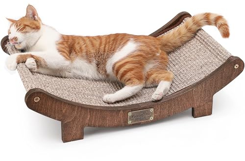 FUKUMARU Cuccia Tiragraffi in Sisal per Gatti, 60cm Letto Tiragraffi Resistente per Gatti da Interno, Amaca in Sisal Naturale 100%, Struttura in Legno Massello per Dormire e Farsi le Unghie (Noce)