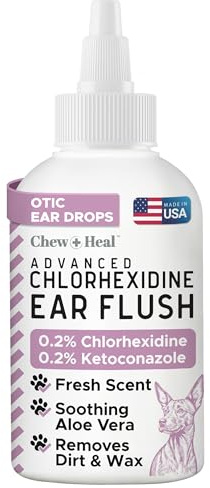Chew + Heal Labs Dog Ear Cleaner - OTIC Medicated Dog Ear Buildup Drops for Dirt and Wax - 120ml Advanced Flush with Chlorhexidine and Ketoconazole