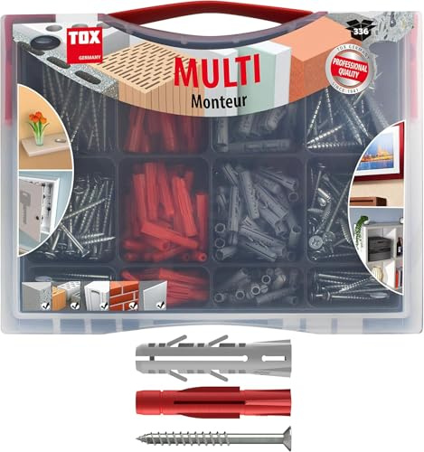 TOX Sortiment Monteur Multi mit Allzweckdübel TRI und Spreizdübel Barracuda, ø 5, 6 und 8 mm + Schrauben M, Dübel für fast alle Baustoffe und extremen Halt in Beton/Vollstein, 336-tlg., 094901021
