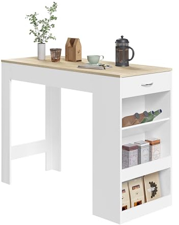 WOLTU Tavolo da Bar, Bancone da Bar con 1 Cassetto e 3 Ripiani, Tavolo Penisola per Cucina, Pub, Bistrot, Legno Ingegnerizzato (Con assi di legno, Bianco+Rovere Chiaro, 120 x 50 x 90 cm)
