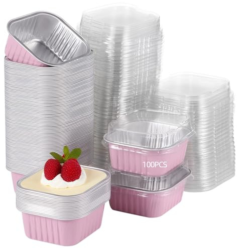 100Pcs 10oz Mini Cake Pans with Lids, Square Aluminum Foil Baking Cups Containers, Transparent Plastic Cake Boxes, Ideal for Parties, Desserts, and Weddings