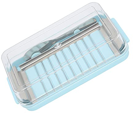 shenruifa Stainless Steel Butter Cutter Box Cheese Storage Container with Transparent Cover for Kitchen (Butter Grid Cutting Box (Blue Bottom + Transparent)