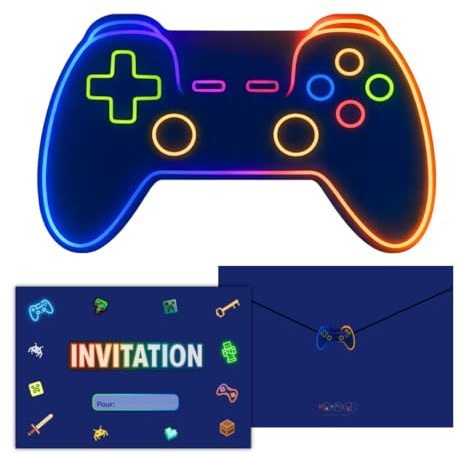 marelle CREATIVE MINDS 12 Cartes Invitation Anniversaire Enfant Garçon, Manette Jeux Vidéo - 12 Enveloppes Assorties - 12 Autocollants Gaming - Préremplies en Français - Goûter D’Anniversaire