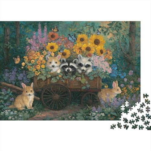 Whimsical Garden Scene 1000 Pieces Jigsaws Premium Cardboard for Adults Flower Cart Animal Art Non-Toxic Mindfulness Matte Finish 38x26cm/1000pcs