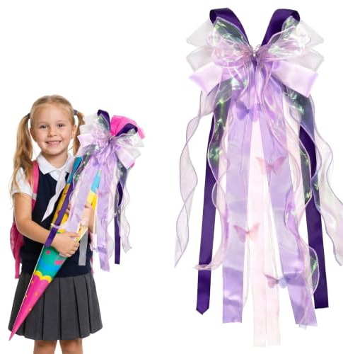 FDHBDF Lazo para bolsas escolares de 60 cm, lazo rosa y lila con estrás de mariposa, lazo decorativo para bolsa de azúcar, decoración para el comienzo del colegio para niños (rosa rosa)
