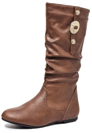Slouchy rynkade knähöga stövlar för kvinnor platta western cowboy ridstövlar, Pu brun cirkel, 40 EU