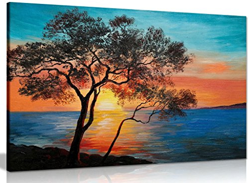 Tree Near The Lake at Sunset Oil Painting Canvas Wall Art Picture Print (18x12in)