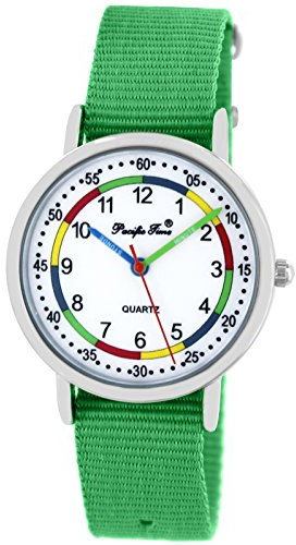 Pacific Time Kinderuhr Lernuhr Mädchen Jungen 5 ATM wasserdicht | Lernzifferblatt 1–12/05–60 Min., 5 ATM wasserdicht, beschriftete Zeiger und austauschbares 16-mm-Textilarmband.