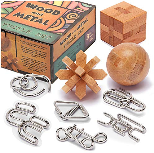 LESONG Brain Teasers Metal and Wooden Puzzles for Kids and Adults 9 Pack, Mind, IQ, and Logic Test and Handheld Disentanglement Games, 3D Coil Cast Wire Chain and Durable Wood Educational Toys