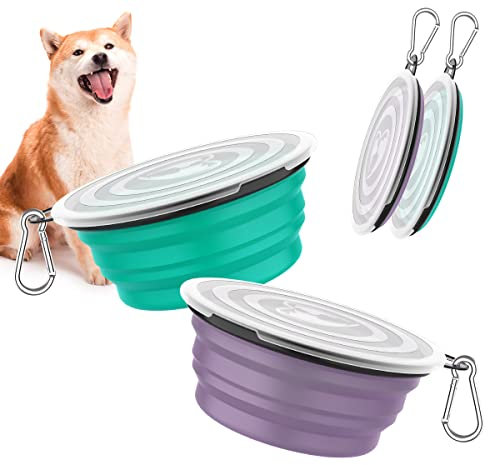 Pawaboo [2PZS Cuencos de Viaje de Silicona con Tapas para Perros Gatos con 1Litro de Capacidad, Alimentador de Agua Plegable Portátil, Tazones para Mascotas de Uso Doméstico - Violeta + Turquesa