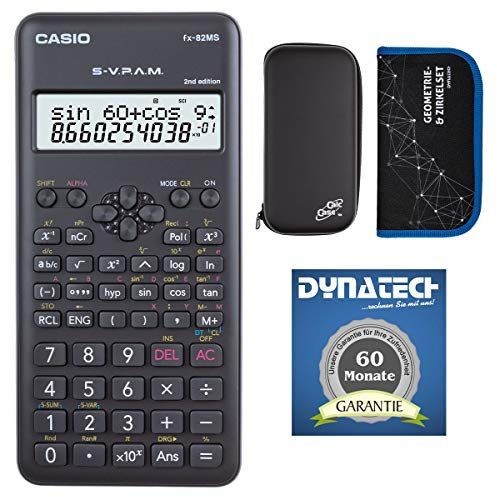 Casio Taschenrechner FX-82 MS 2nd + Schutztasche kompatibel mit Rechner + Zirkelset - Garantie auf 60 Monate - wissenschaftlicher Schulrechner Nicht programmierbar elektronisches Display Batterie