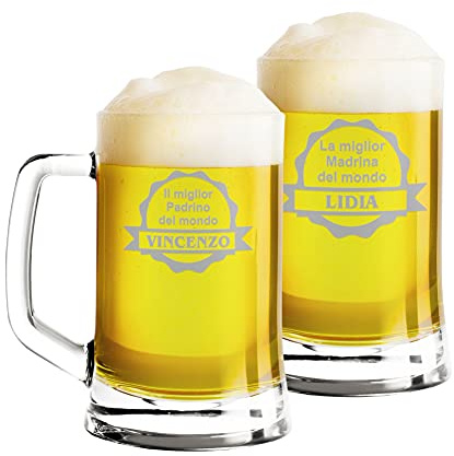 Colorfamily Coppia Boccali da birra Personalizzati Set da 2 Boccali da birra personalizzati con nome Padrino Madrina migliore al mondo - bicchiere in vetro 50 cl