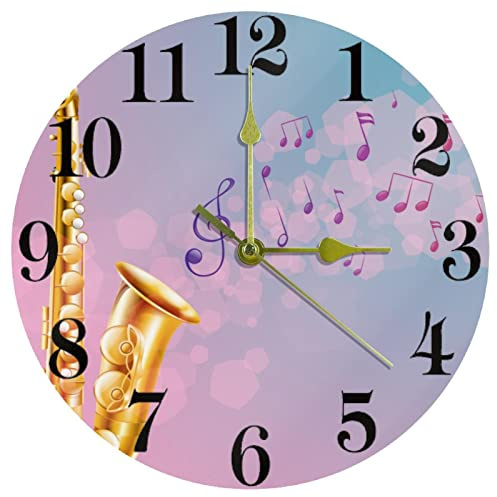 Timmershabi Ein Saxophon mit Musiknoten, 25,4 cm, geräuschlos, nicht tickend, Quarz, batteriebetrieben, runde Wanduhr für Zuhause, Küche, Büro, Schule