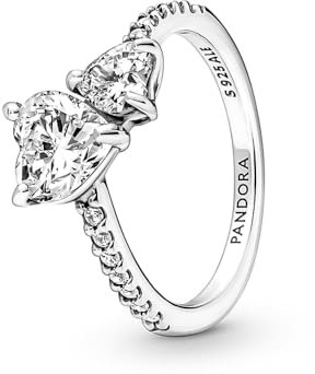 Pandora Timeless Doppel-Herz Funkelnder Ring aus 952 Sterling Silber mit klaren Cubic Zirkonia Steinchen 191198C01-50