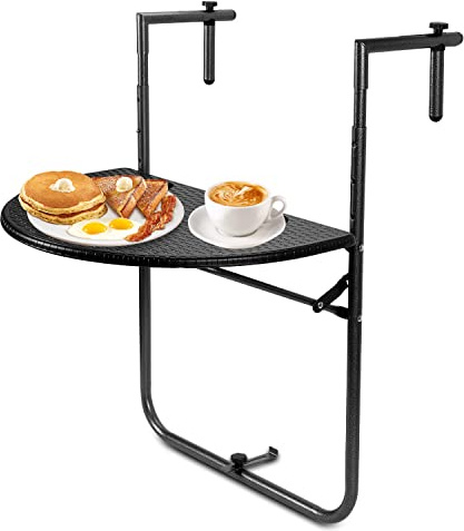 Herrselsam Balkonhängetisch klappbar Balkontisch zum Einhängen Balkon Hängetisch 3-Fach höhenverstellbarer Klappbarer Tisch BxT: 62 x 40 cm für Balkon Geländer Schwarz Rattan-Optik